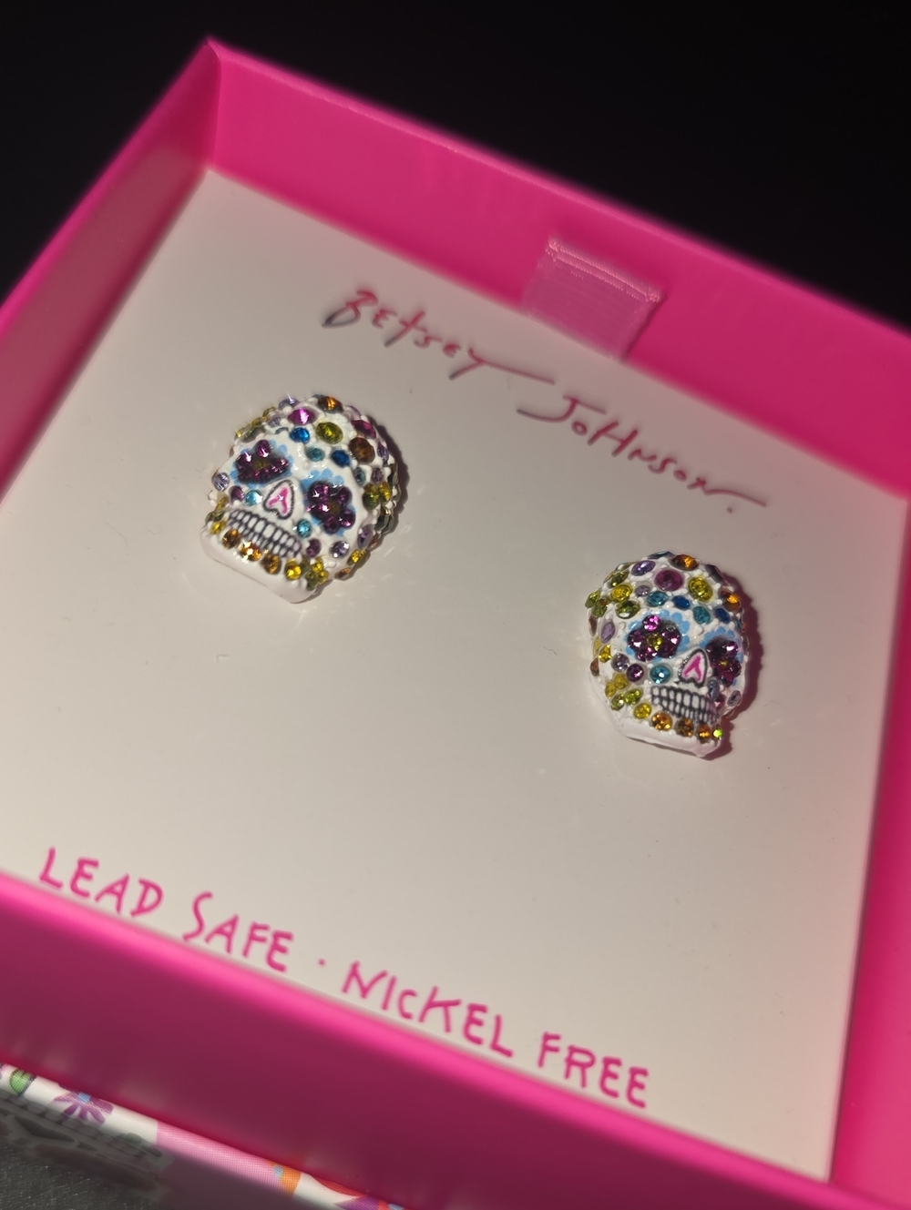 Betsey Johnson Day Of The Dead Sugar Skull Stud Push Back Earrings NWT/NIB